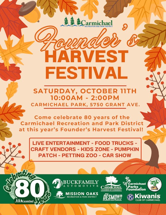 Festival on October 11th at Carmichael Park. Features live entertainment, food trucks, crafts, kids zone, pumpkin patch, and more.