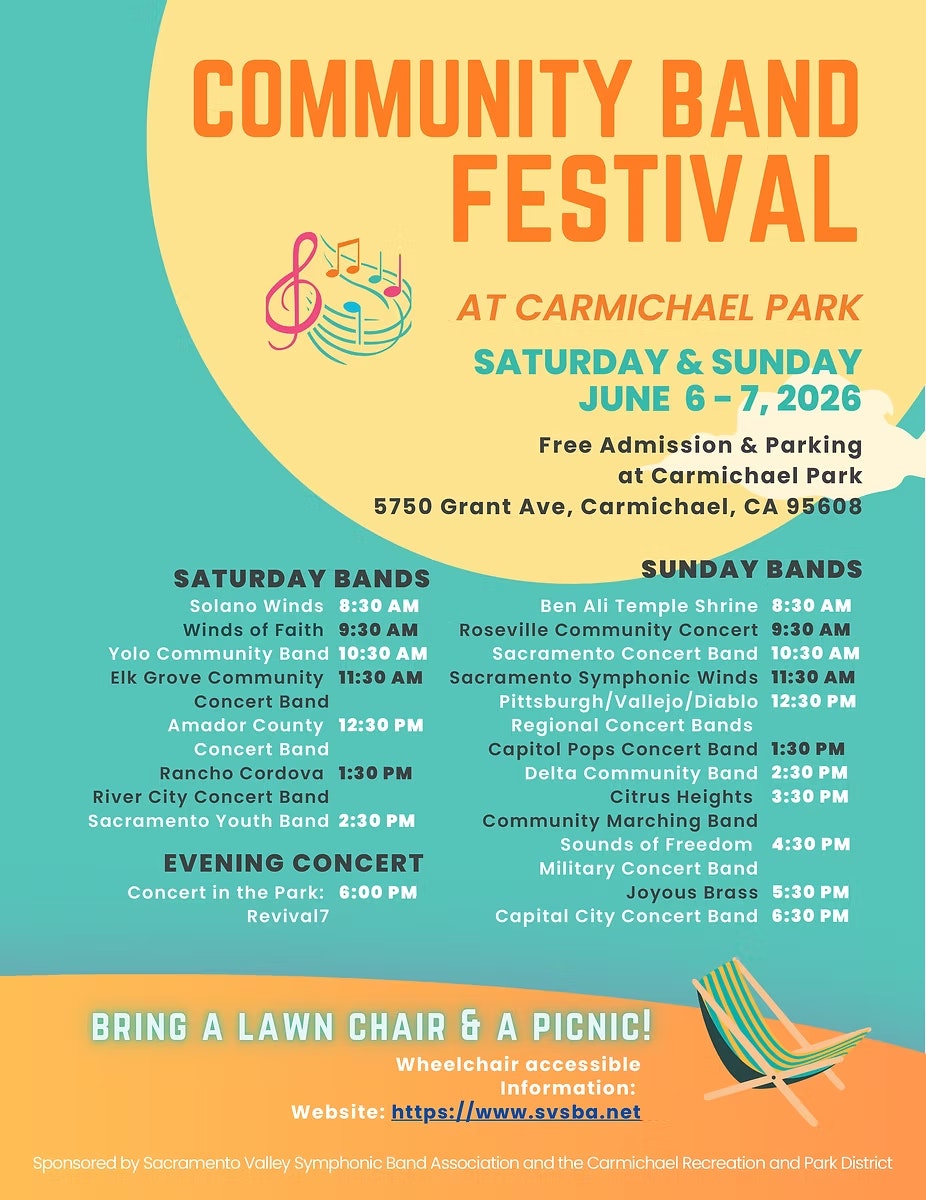 The image promotes a Community Band Festival at Carmichael Park on June 6-7, 2026, featuring various bands and free admission.
