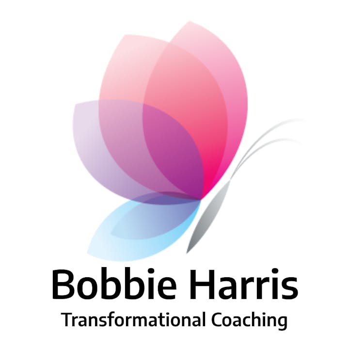 Abstract multicolored flower logo with text: "Bobbie Harris Transformational Coaching".