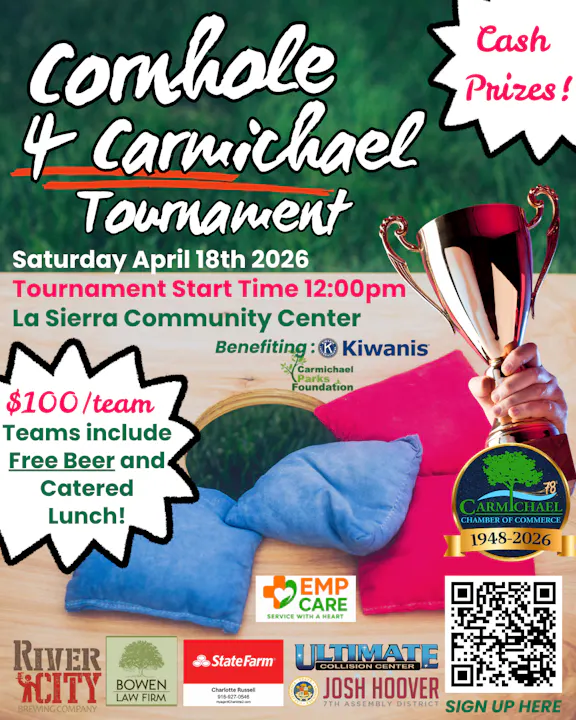 Join the Cornhole 4 Carmichael Tournament on April 18, 2026, for fun, cash prizes, free beer, and catered lunch! $100/team.