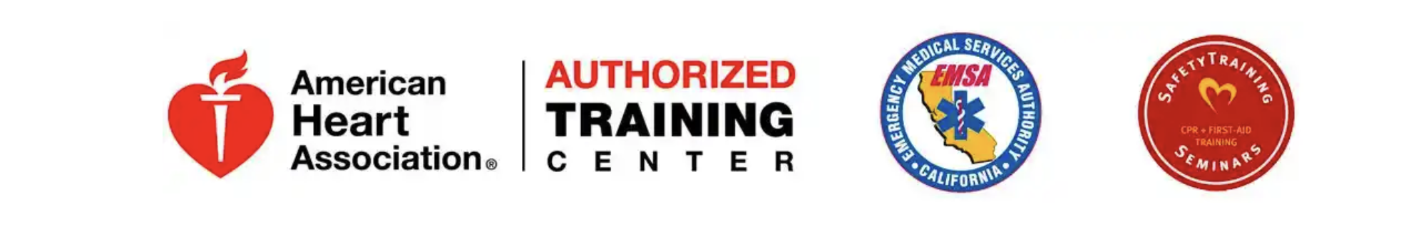 Logos for American Heart Association, Authorized Training Center, EMSA, and Safety Training Seminars for CPR and First Aid.