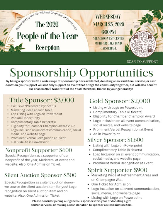 Event details for the "2026 People of the Year Reception" on March 25, 2026, in Carmichael, featuring sponsorship opportunities.