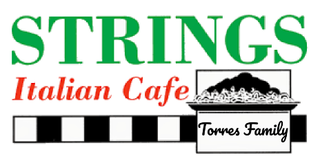 Logo for "STRINGS Italian Cafe" with a black and white checkered design and a bowl, labeled "Torres Family."