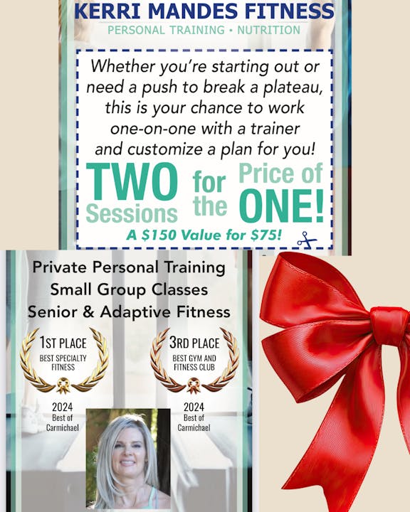 The image promotes Kerri Mendes Fitness, offering two personal training sessions for $75 (valued at $150) and highlights awards won in 2024.