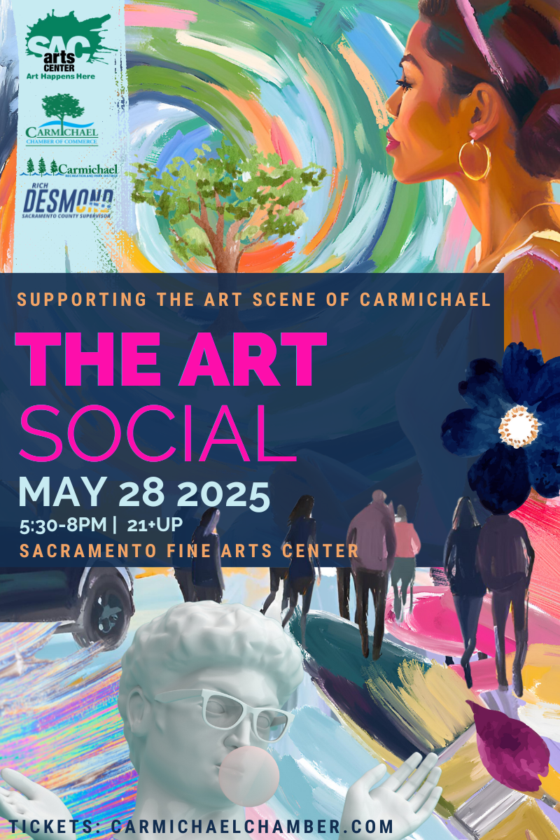 Art Social event poster, May 28, 2025, Sacramento Fine Arts Center, 5:30-8PM, supporting Carmichael art, tickets at carmichaelchamber.com.