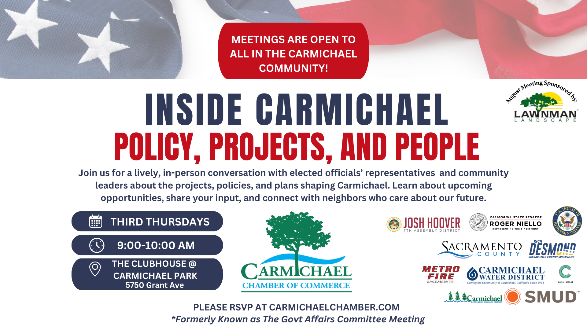 Event invite: "Inside Carmichael: Policy, Projects, and People" at Carmichael Park. Discover local projects and engage with officials.