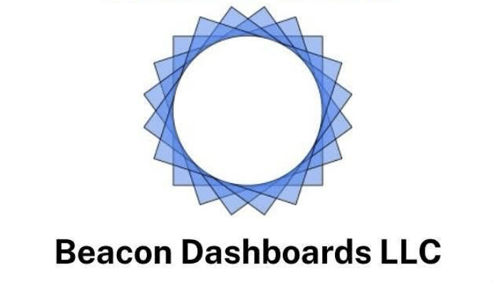 A circular geometric logo in blue with layered shapes. Text reads "Beacon Dashboards LLC" below.