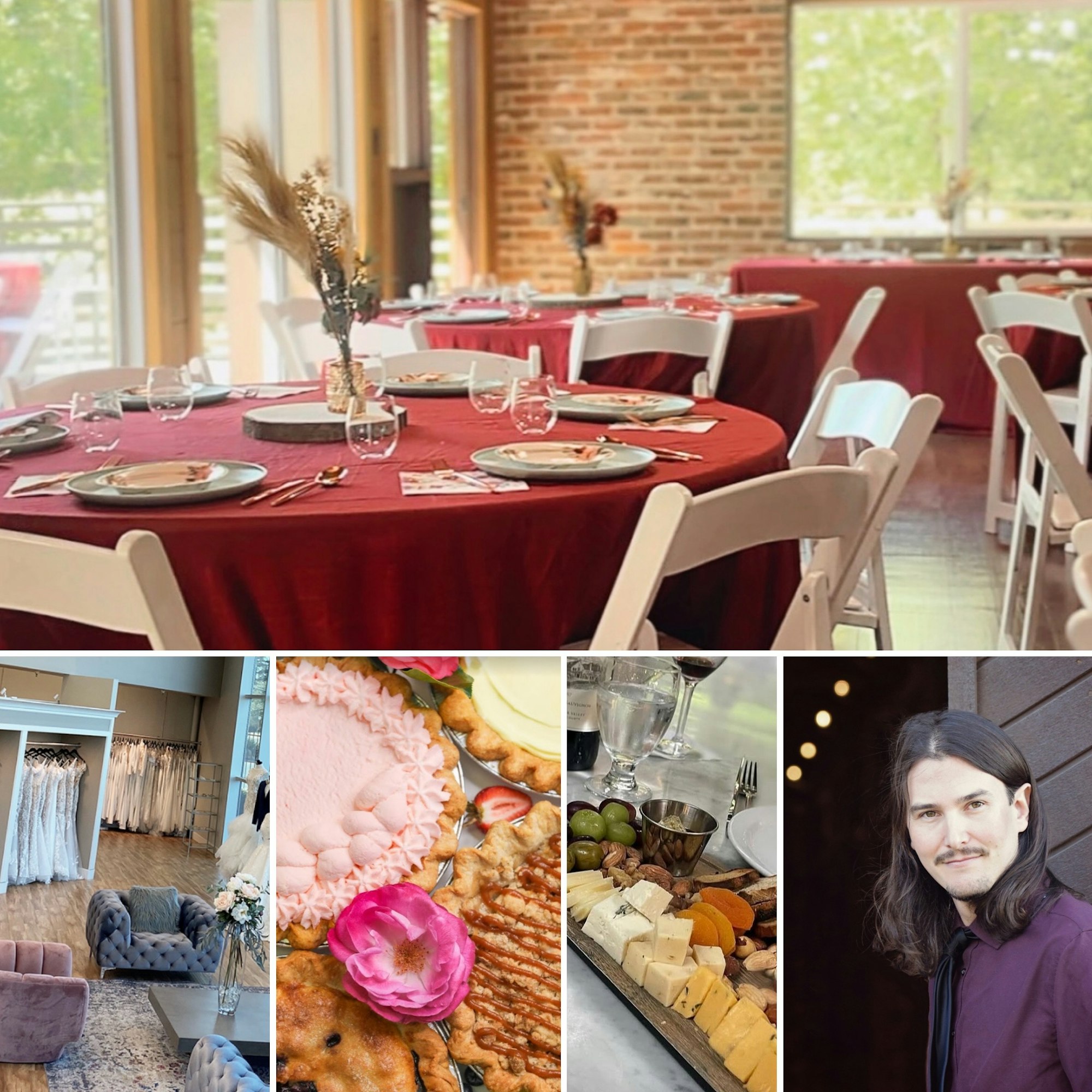 Collage: Decorated dining tables, clothing store, dessert and cheese platters, and a person smiling.