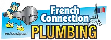 Plumbing company logo featuring a plumber, large wrench, Eiffel Tower, and text: "French Connection Plumbing, Over 35 Years Experience!"