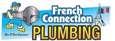 Plumbing company logo featuring a plumber, large wrench, Eiffel Tower, and text: "French Connection Plumbing, Over 35 Years Experience!"