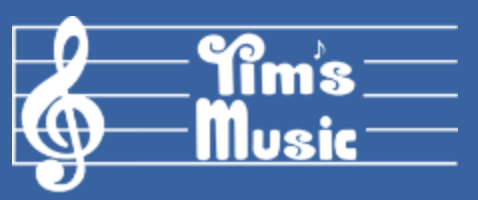 Musical staff with treble clef, the text "Tims Music," and a small music note on a blue background.