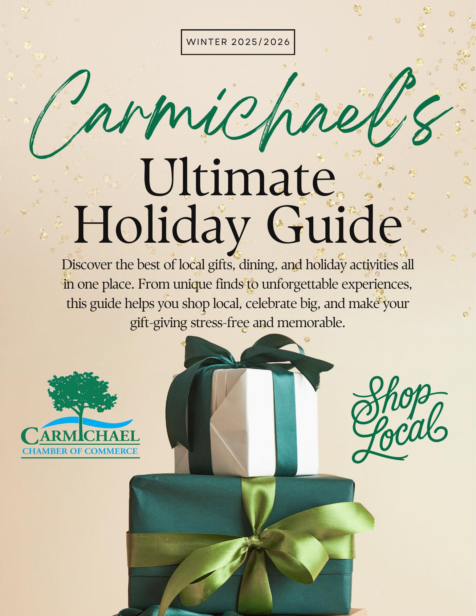 A holiday guide promoting local gifts, dining, and activities, encouraging stress-free gift-giving in Carmichael.