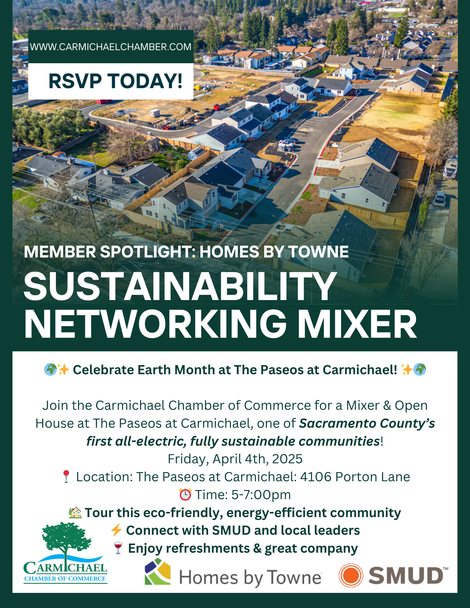 "Join the Sustainability Networking Mixer in Carmichael, April 4, 2025, from 5-7 PM. RSVP at carmichaelchamber.com!"