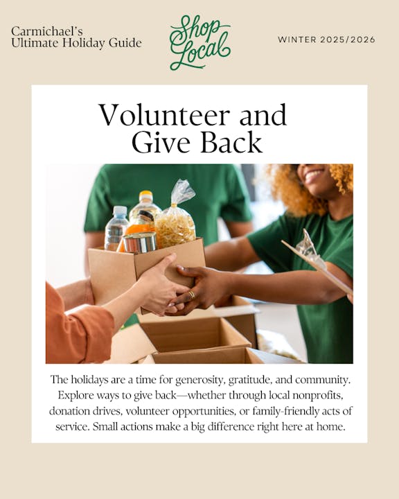 The image promotes volunteering and giving back during the holidays, encouraging community service and local support.