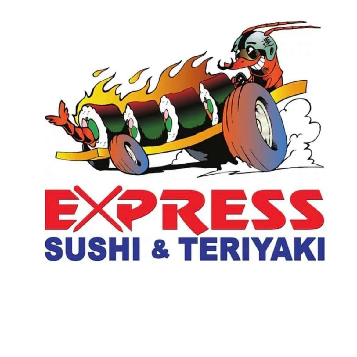 Cartoon shrimp driving a sushi-shaped car with flames, text: "EXPRESS SUSHI & TERIYAKI."