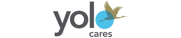 Logo with text "yolo cares" and a stylized bird flying over a blue circle.