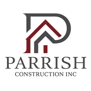 Logo with stylized "P" and house design, reads "PARRISH CONSTRUCTION INC." in bold letters.