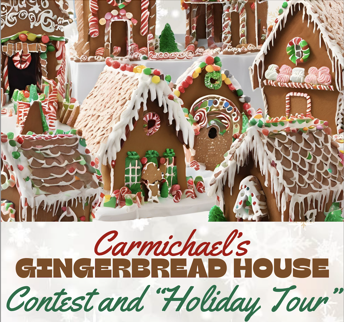 Gingerbread houses decorated with candies at "Carmichael's Gingerbread House Contest and Holiday Tour."