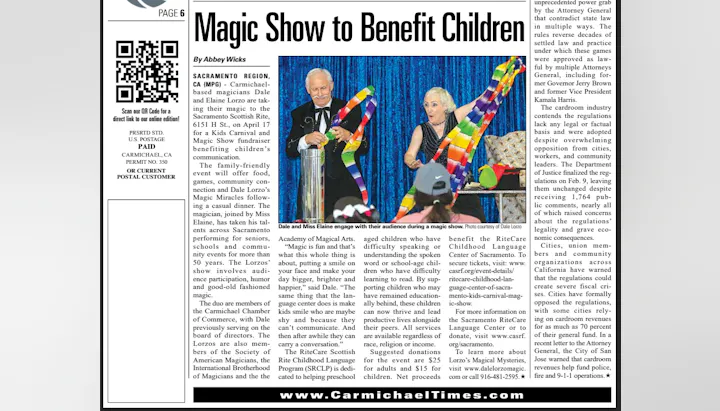 A magic show fundraiser in Carmichael will support children’s programs, featuring performances by Dale and Miss Elaine Lorzo.