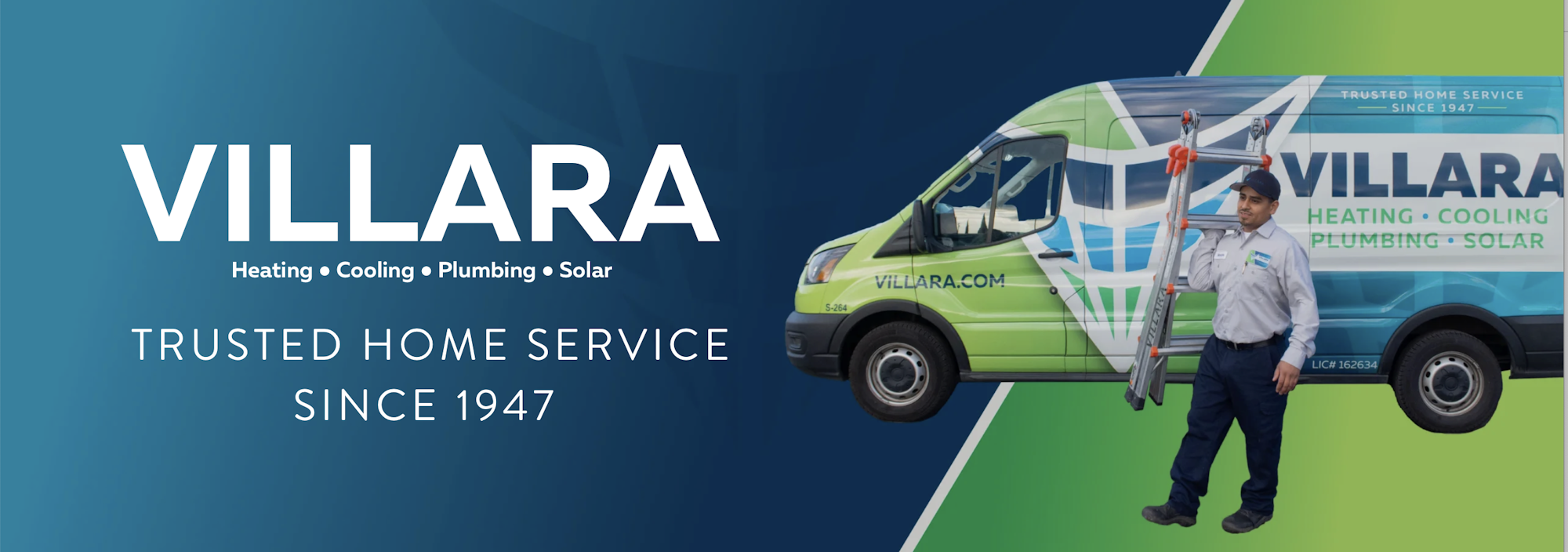 Villara home services ad with a van, a worker carrying a ladder, and text about heating, cooling, plumbing, and solar services.