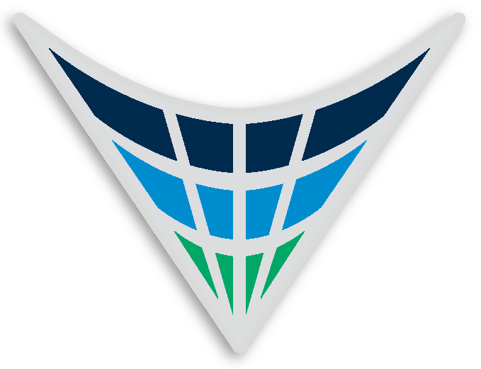 Geometric logo with a V shape, grid pattern in blue, green, and teal hues.