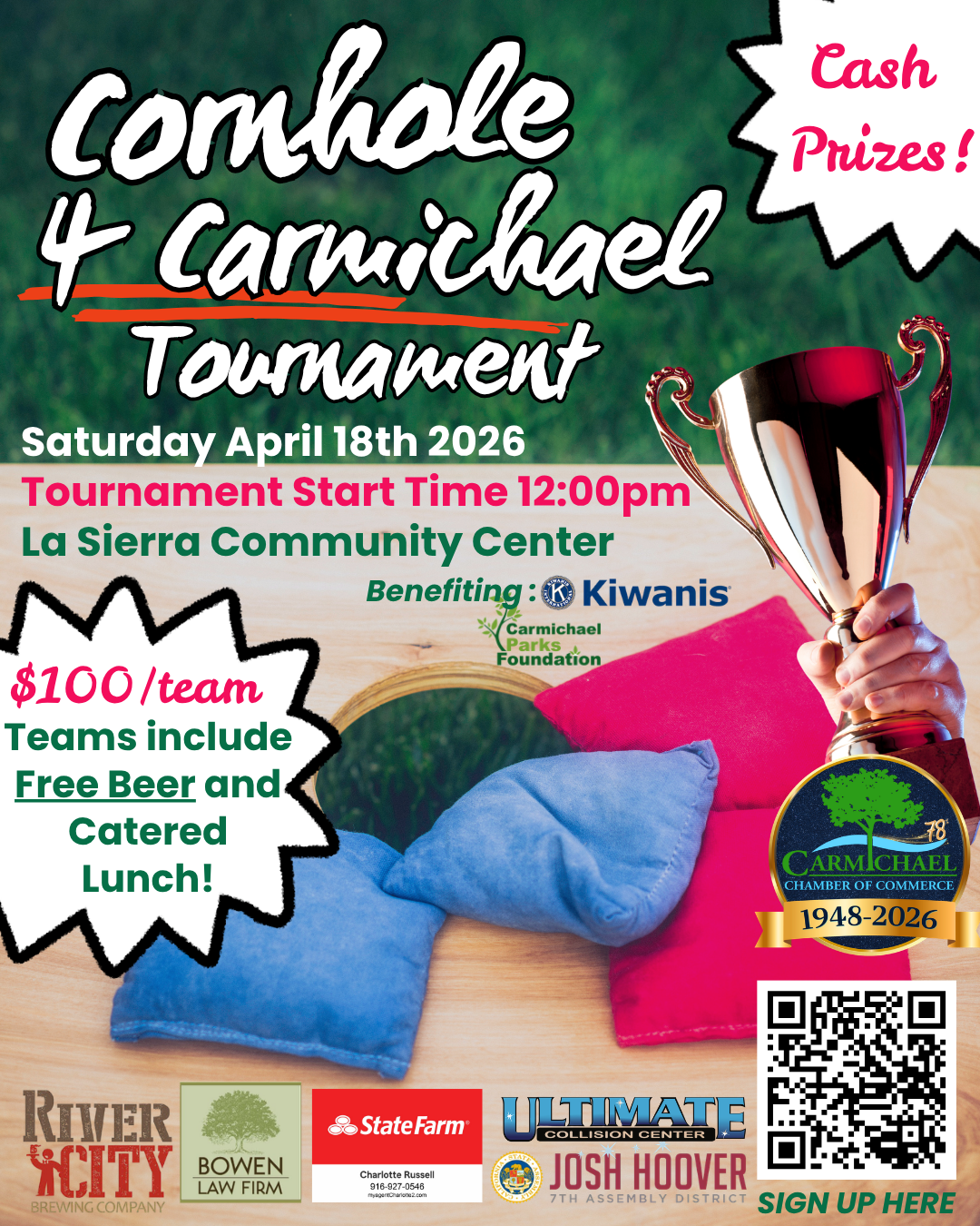 Event poster for a cornhole tournament on April 18, 2026, at La Sierra Community Center. $100/team; benefits Kiwanis.