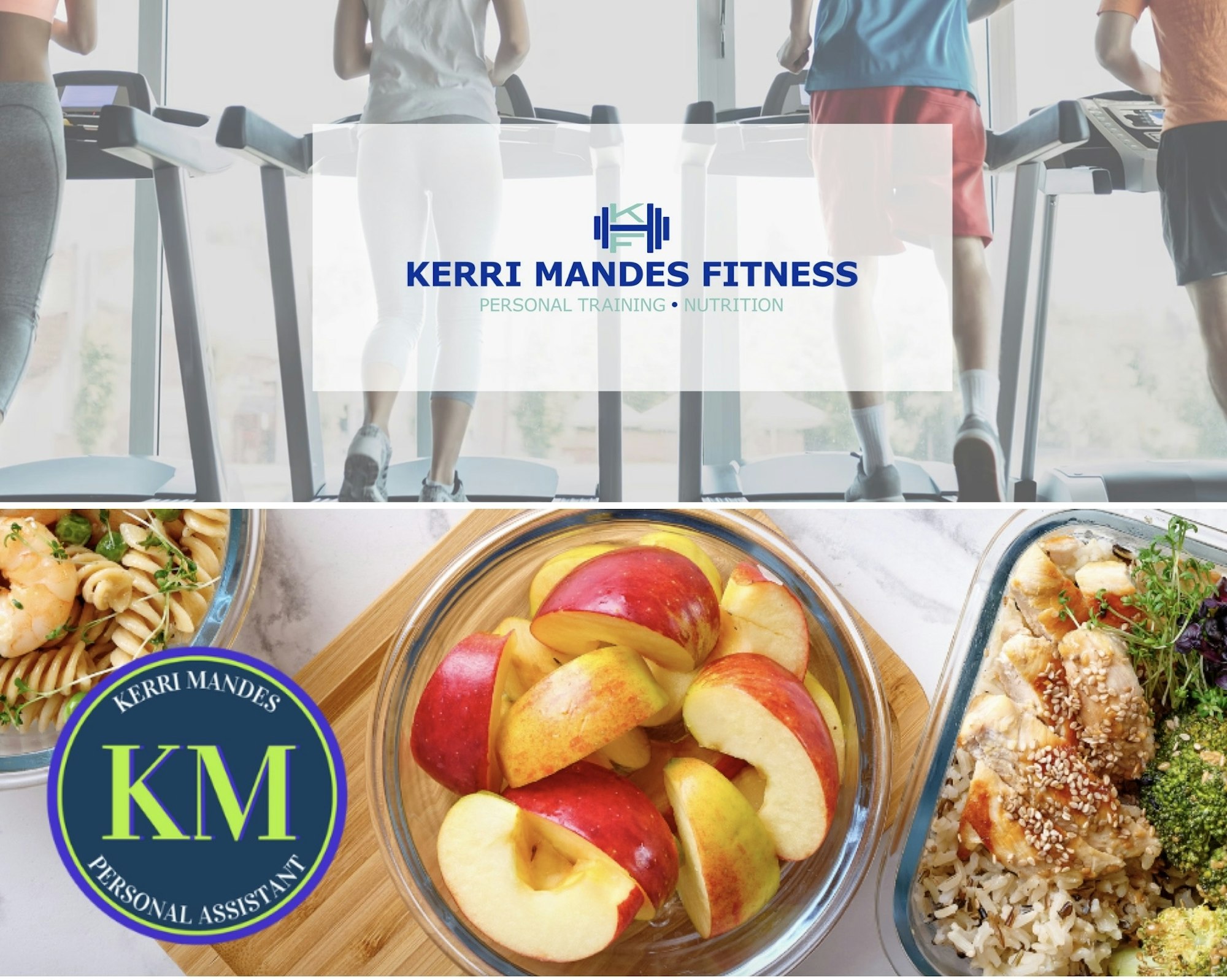 People on treadmills, Kerri Mandes Fitness logo, healthy meals with pasta, apples, and rice with chicken.