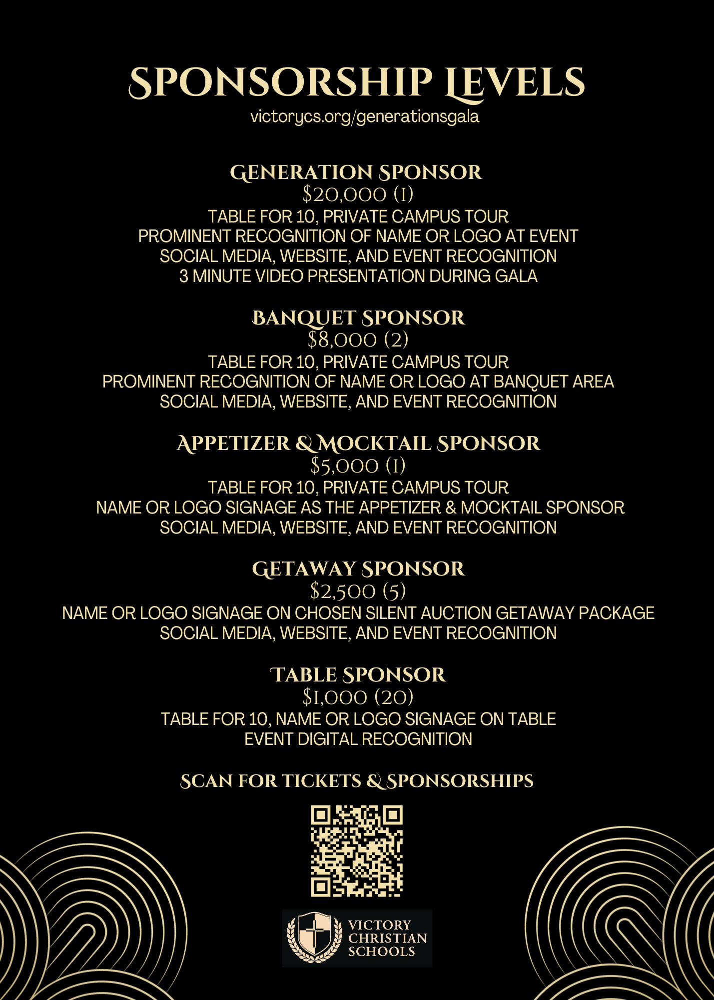 Sponsorship levels for Victory Christian Schools' event, with options ranging from $1,000 to $20,000, including various benefits.