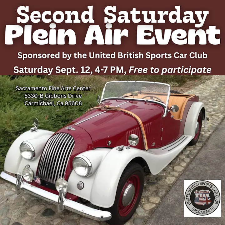 The image promotes a Plein Air Event sponsored by the United British Sports Car Club on September 12, 4-7 PM in Carmichael, CA.