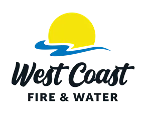 Logo with a yellow sun, blue wave, and text "West Coast Fire & Water."
