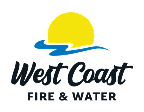 Logo with a yellow sun, blue wave, and text "West Coast Fire & Water."