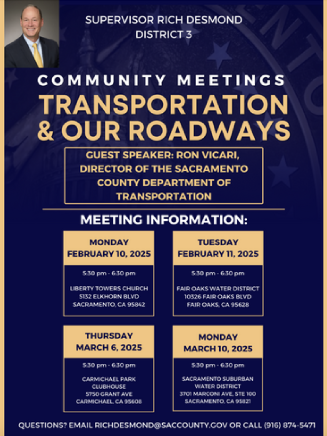 Community meetings on transportation by Supervisor Rich Desmond. Dates and locations provided for February and March 2025.