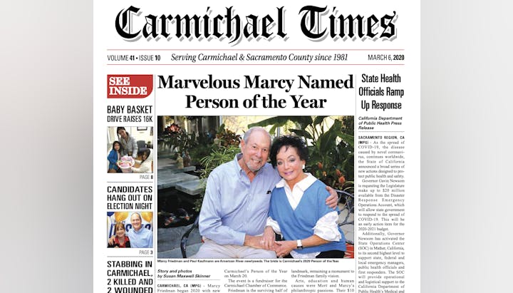 Front page of Carmichael Times, March 6, 2020, featuring "Marvelous Marcy Named Person of the Year" and local news highlights.