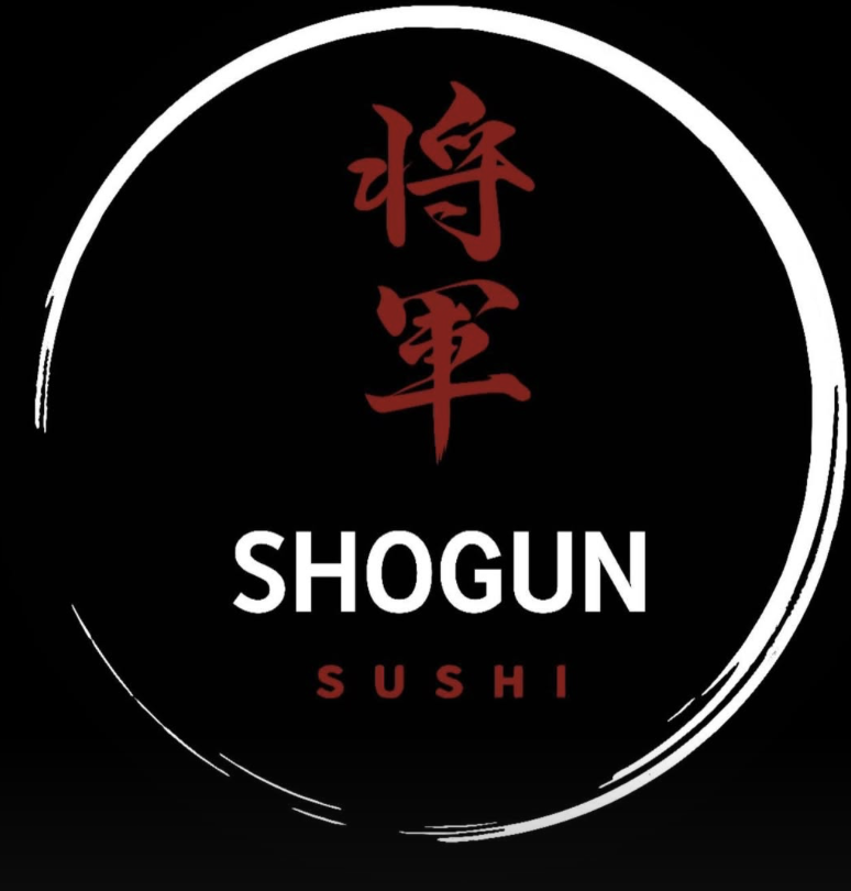 Logo with Japanese characters, "SHOGUN SUSHI," inside a white circular brushstroke on black background.