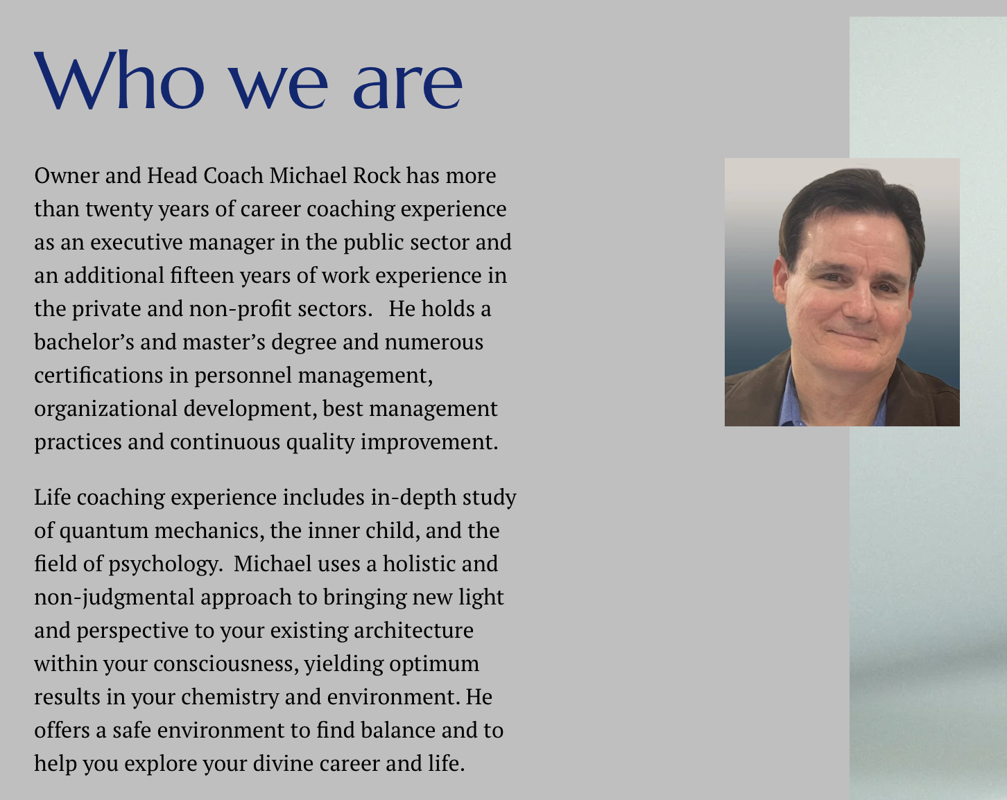 Career coach Michael Rock, with extensive experience, offers holistic life coaching and personal development in a supportive environment.