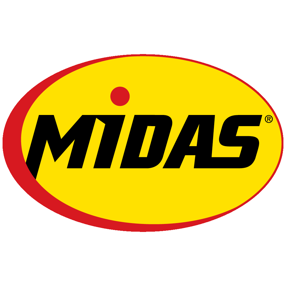 Midas logo: Yellow oval with "MIDAS" in bold black text and a red dot above the "I".