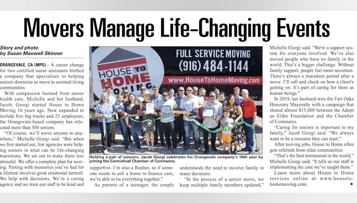 A moving company helping seniors with life transitions celebrated by joining the Carmichael Chamber of Commerce.