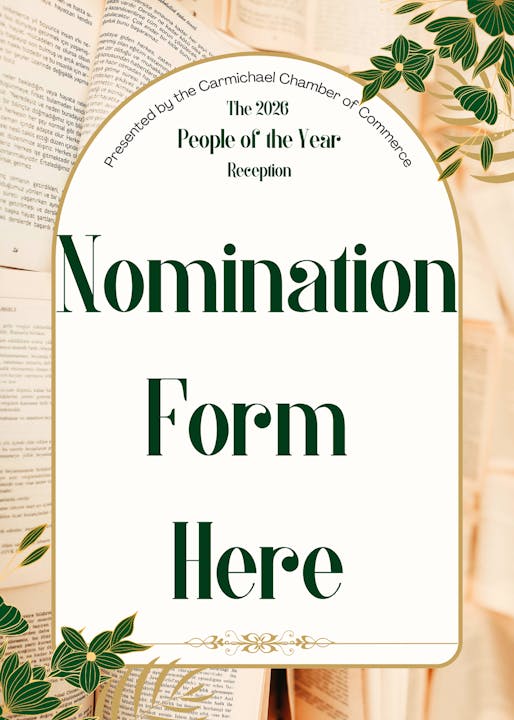 Nomination form for the 2026 People of the Year Reception by Carmichael Chamber of Commerce.