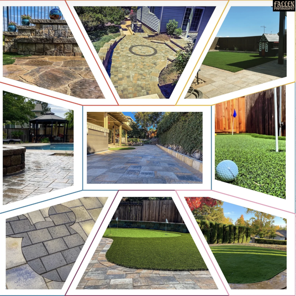 Collage of outdoor spaces: stone walkways, patios, artificial grass, a swimming pool, and putting greens.