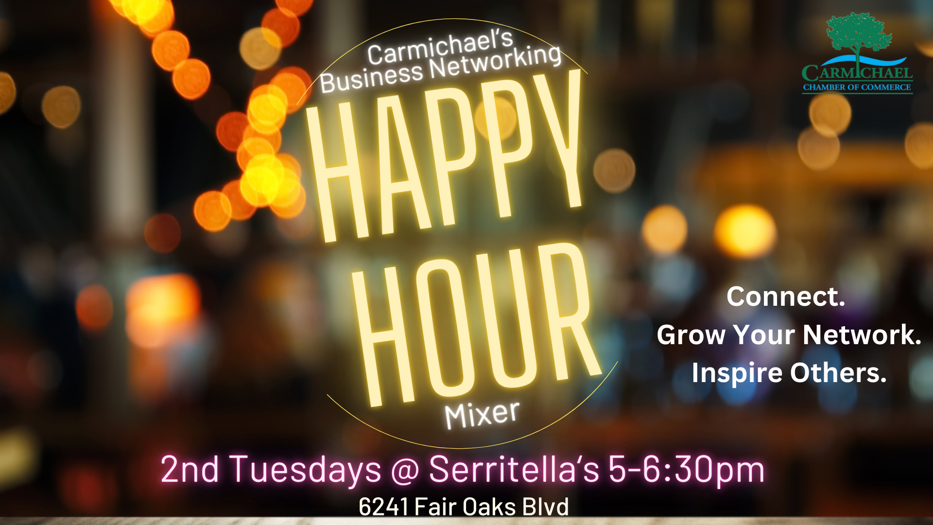 Carmichael's Business Networking Happy Hour Mixer at Serritella's, 2nd Tuesdays, 5-6:30 pm. Connect, grow your network, inspire others.