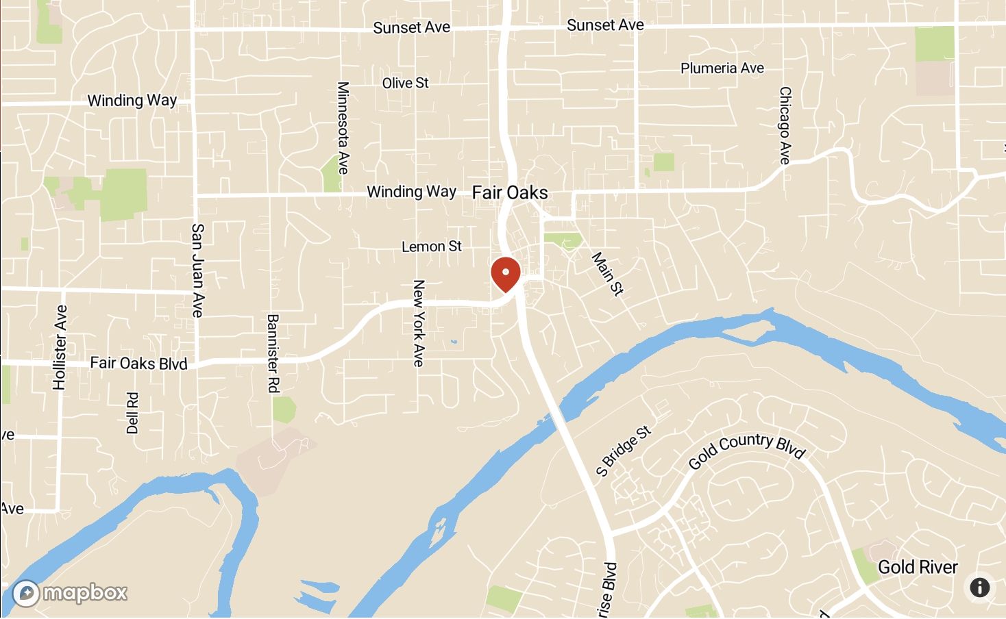 Map showing Fair Oaks, with streets like San Juan Ave and Winding Way, and a river nearby.