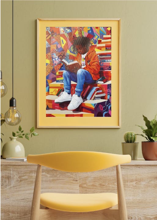 Framed artwork of a person reading, surrounded by vibrant colors, displayed above a wooden desk with plants and a yellow chair.