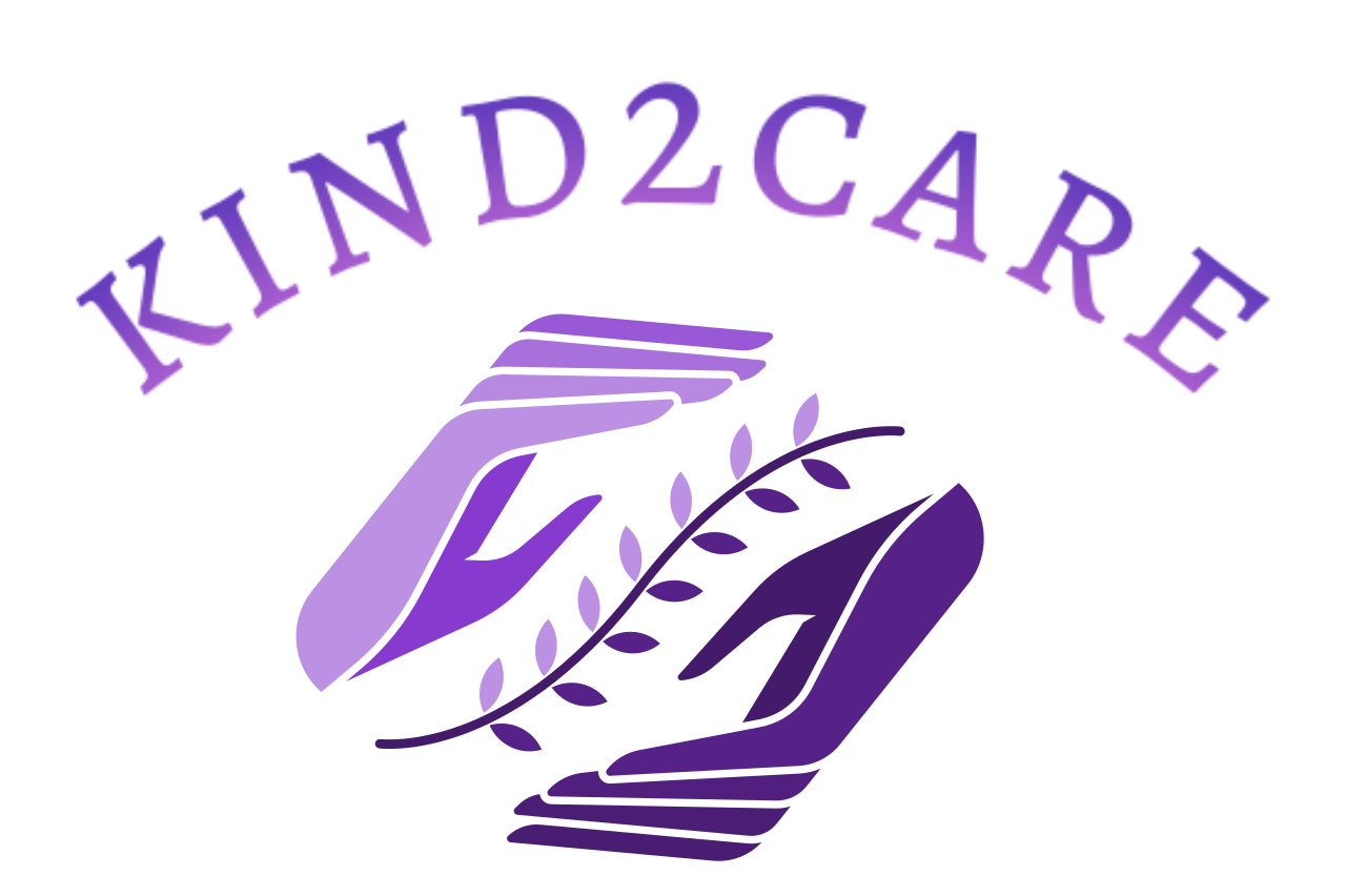 Logo with "KIND2CARE," featuring two hands and a leafy branch in gradient purple.