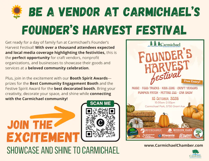 Carmichael's Founder's Harvest Festival on Oct 10, 2026. Family fun, vendors, awards, and activities. Free entry!