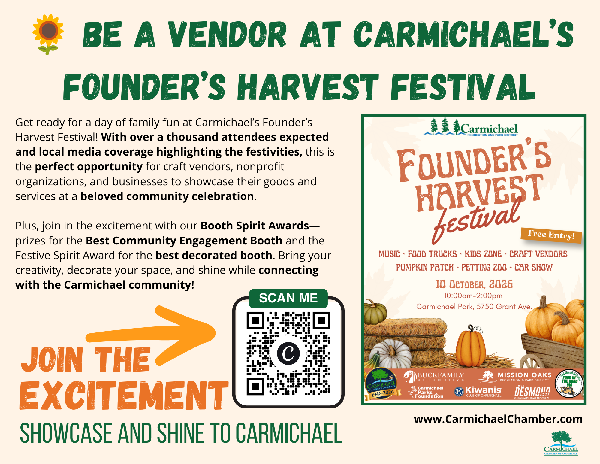 Carmichael's Founder's Harvest Festival on Oct 10, 2026. Family fun, vendors, awards, and activities. Free entry!