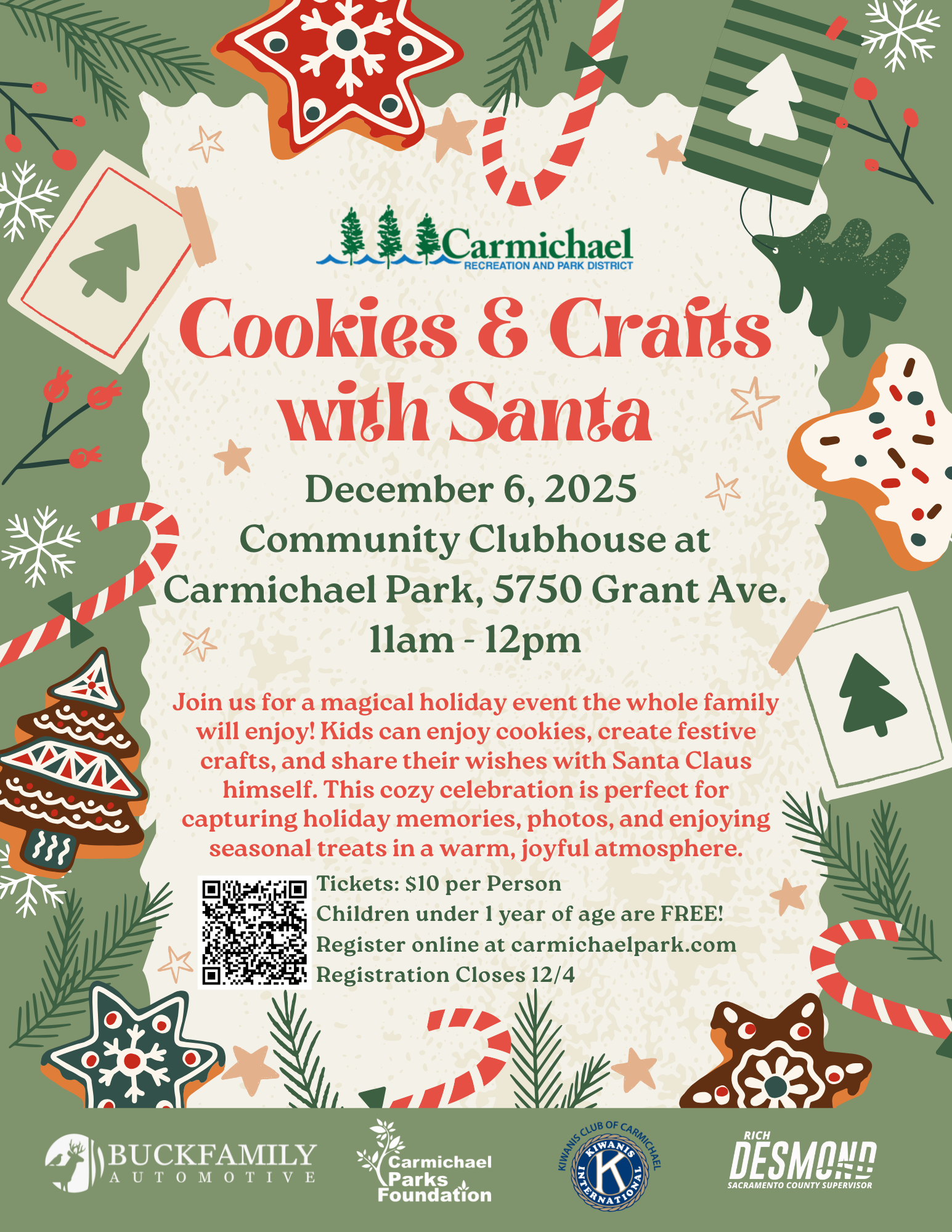 Join the "Cookies & Crafts with Santa" event on Dec 6, 2025, at Carmichael Park. Fun for families, $10 per person.
