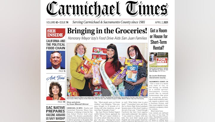 Front page of Carmichael Times featuring an article about Honorary Mayor Izzy’s food drive.