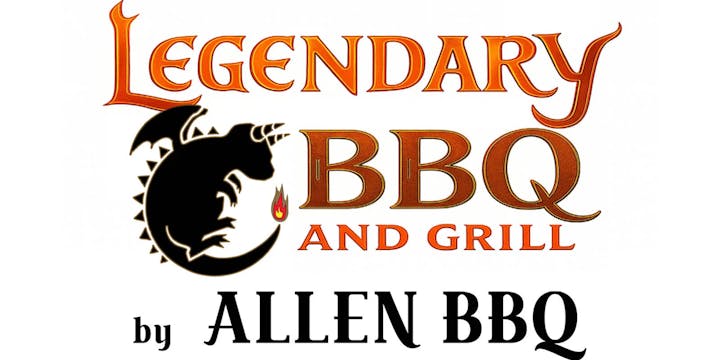 Text reads: "Legendary BBQ and Grill by Allen BBQ" with a dragon logo.