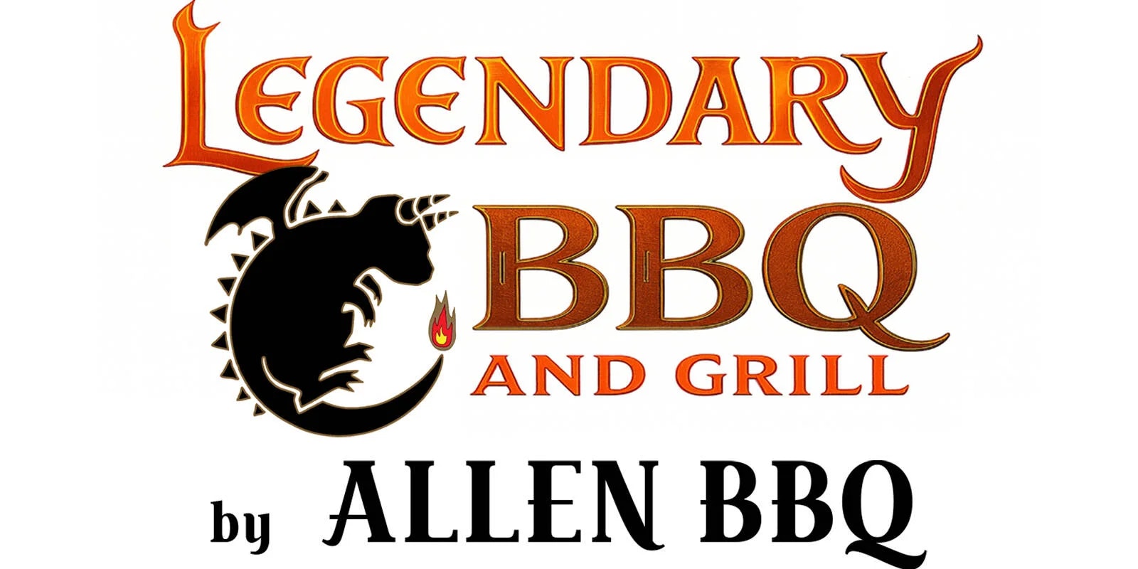 Text reads: "Legendary BBQ and Grill by Allen BBQ" with a dragon logo.
