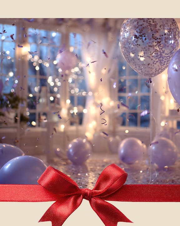 A festive scene with purple balloons, confetti, and string lights, creating a celebratory atmosphere. A red ribbon is featured prominently.